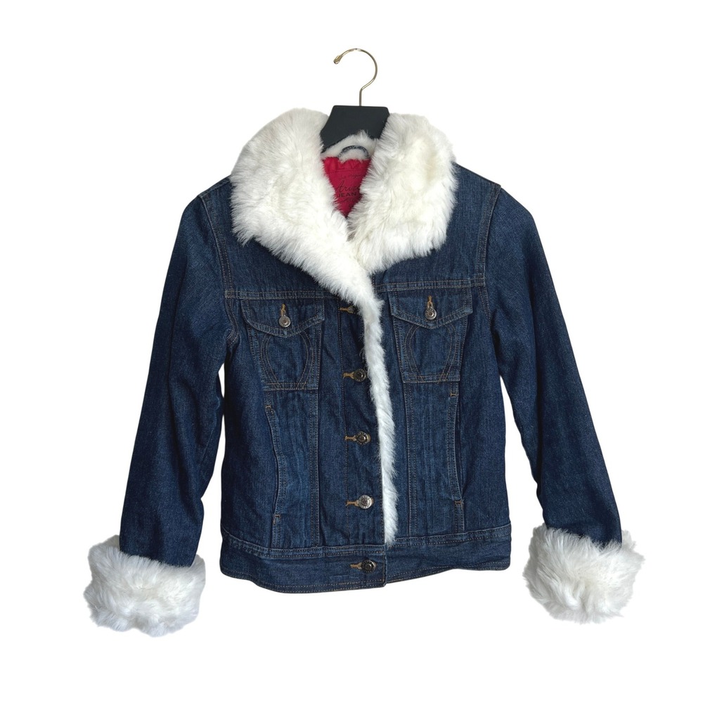 Vintage Arizona Jean Co Denim Jacket Faux Fur‎ Trim Dark Wash Blue Small Y2K